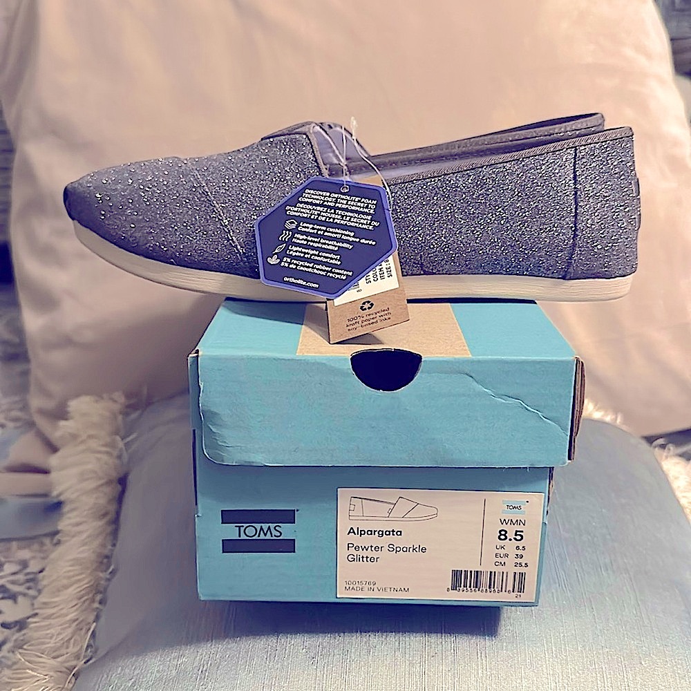 New in box, Tom’s Ortholite Alpargata shoes, pewter sparkle glitter, 8.5 women’s